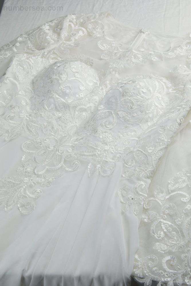 Ladies Round Neck Long Sleeve Front Slit Chiffon Lace Floor Length Bridesmaid Evening Dress Wedding Prom Party Evening Dress 28122-numbersea