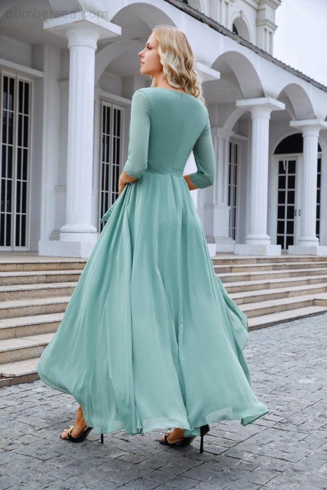 Ladies Chiffon Long Sleeve V Neck Floor Length Bridesmaid Evening Dress Wedding Party Beach Evening Dress 28095-numbersea