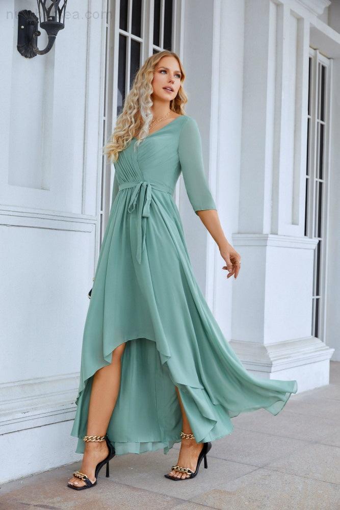 Ladies Chiffon Long Sleeve V Neck Floor Length Bridesmaid Evening Dress Wedding Party Beach Evening Dress 28095-numbersea