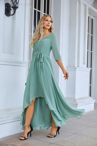 Ladies Chiffon Long Sleeve V Neck Floor Length Bridesmaid Evening Dress Wedding Party Beach Evening Dress 28095-numbersea