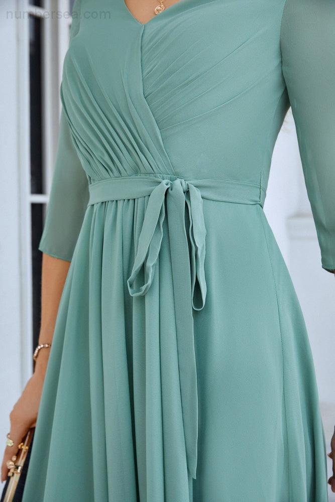 Ladies Chiffon Long Sleeve V Neck Floor Length Bridesmaid Evening Dress Wedding Party Beach Evening Dress 28095-numbersea