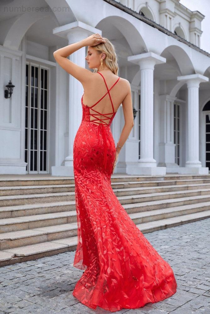 Ladies Double Layer Tulle Spaghetti Strap V Neck Mermaid Front Slit Floor Bridesmaid Wedding Party Evening Dress 28096 - numbersea