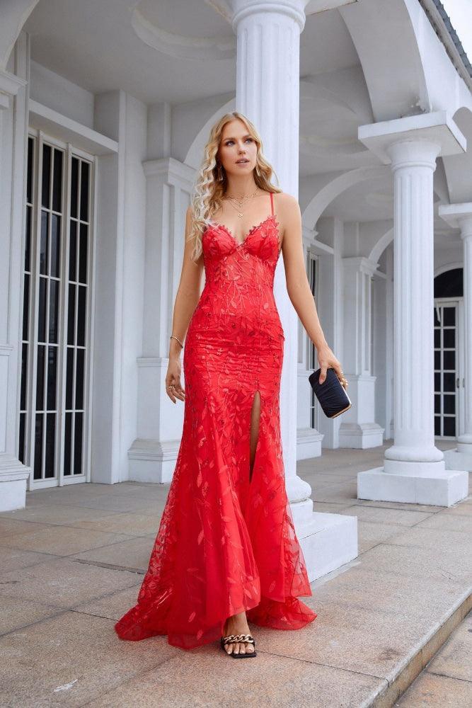 Ladies Double Layer Tulle Spaghetti Strap V Neck Mermaid Front Slit Floor Bridesmaid Wedding Party Evening Dress 28096 - numbersea