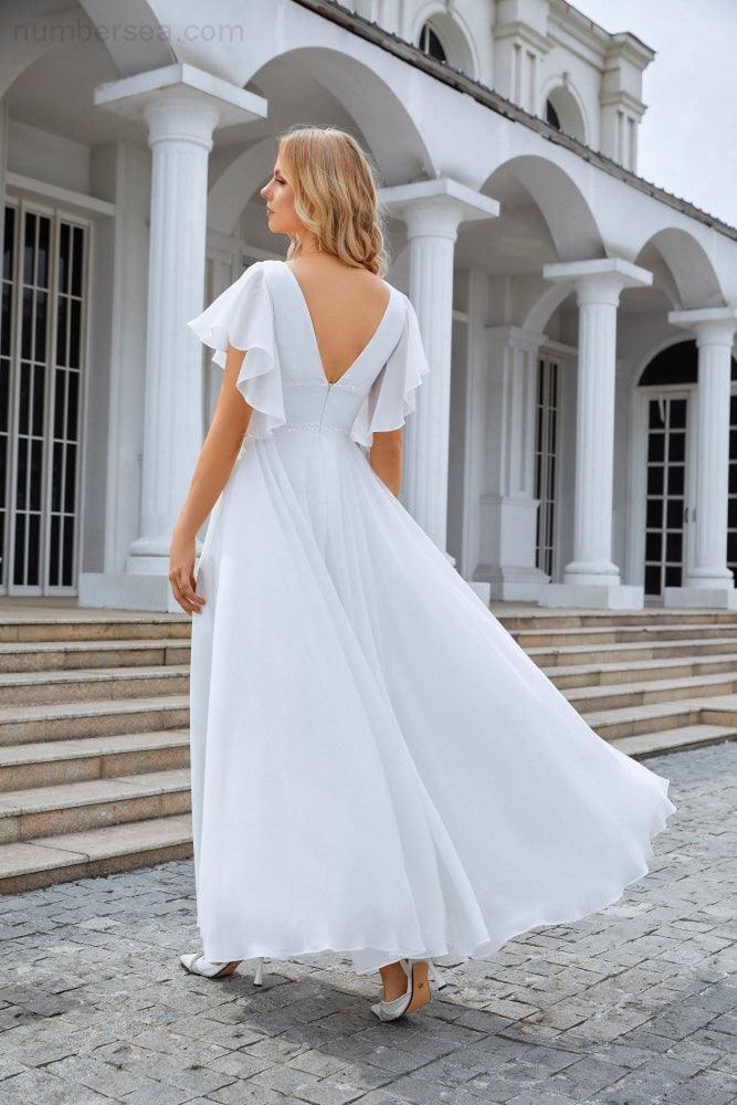 Ladies V Neck Ruffle Sleeves Chiffon Bridesmaid Evening Dress Beach Wedding Party Evening Dress 28097-numbersea