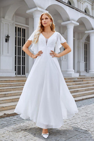 Ladies V Neck Ruffle Sleeves Chiffon Bridesmaid Evening Dress Beach Wedding Party Evening Dress 28097-numbersea
