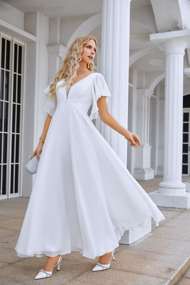 Ladies V Neck Ruffle Sleeves Chiffon Bridesmaid Evening Dress Beach Wedding Party Evening Dress 28097-numbersea