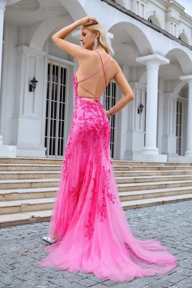 Ladies Spaghetti Strap Sequin V Neck Mermaid Long Bridesmaid Dress Prom Wedding Party Evening Dress 28086-numbersea