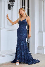 Ladies Spaghetti Strap Embroidery V Neck Mermaid Long Bridesmaid Dress Prom Wedding Evening Dress SEA28087 - numbersea