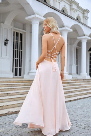Ladies V Neck Front Slit Lace Spaghetti Strap Chiffon Bridesmaid Dress Party Wedding Evening Dress SEA28088 - numbersea