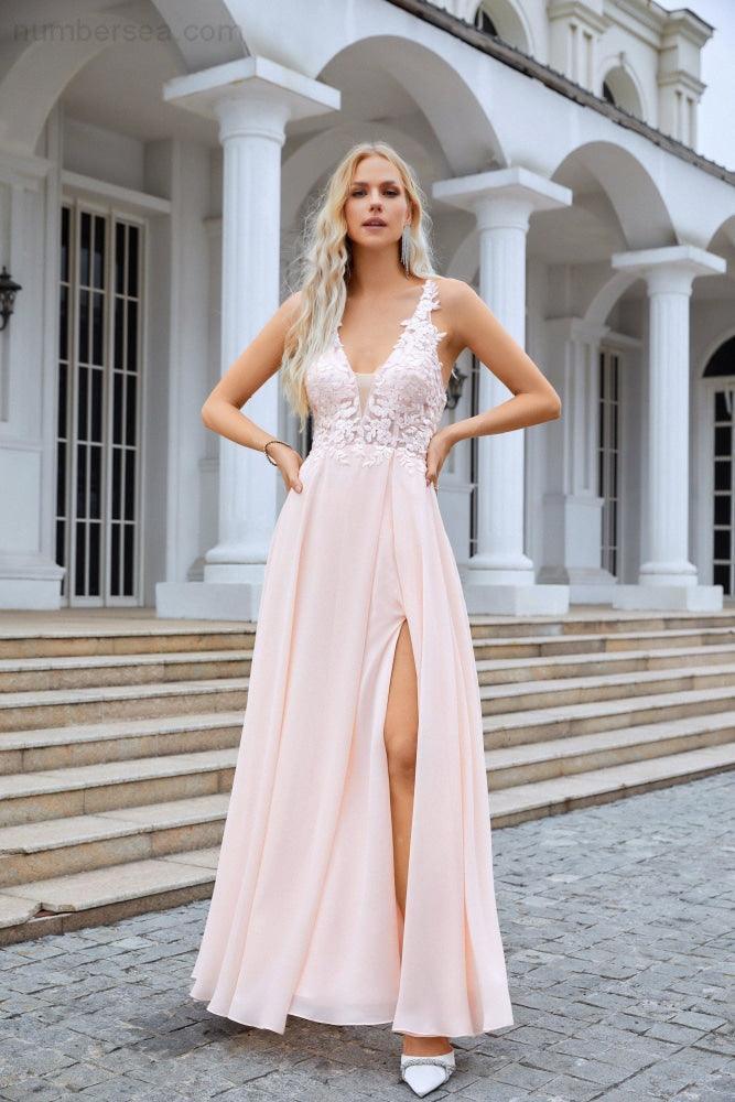 Ladies V Neck Front Slit Lace Spaghetti Strap Chiffon Bridesmaid Dress Party Wedding Evening Dress SEA28088 - numbersea