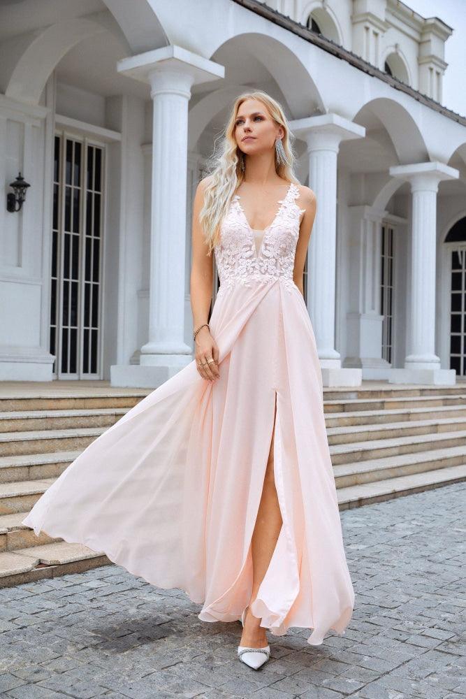 Ladies V Neck Front Slit Lace Spaghetti Strap Chiffon Bridesmaid Dress Party Wedding Evening Dress SEA28088 - numbersea