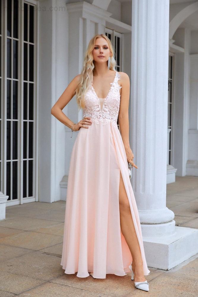 Ladies V Neck Front Slit Lace Spaghetti Strap Chiffon Bridesmaid Dress Party Wedding Evening Dress SEA28088 - numbersea