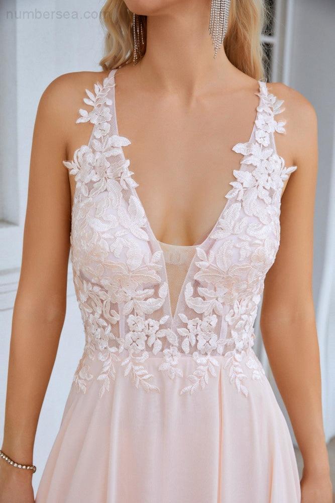 Ladies V Neck Front Slit Lace Spaghetti Strap Chiffon Bridesmaid Dress Party Wedding Evening Dress SEA28088 - numbersea