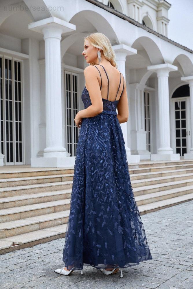 Ladies Spaghetti Strap Embroidery V Neck Front Slit Bridesmaid Dress Party Wedding Evening Dress SEA28089 - numbersea