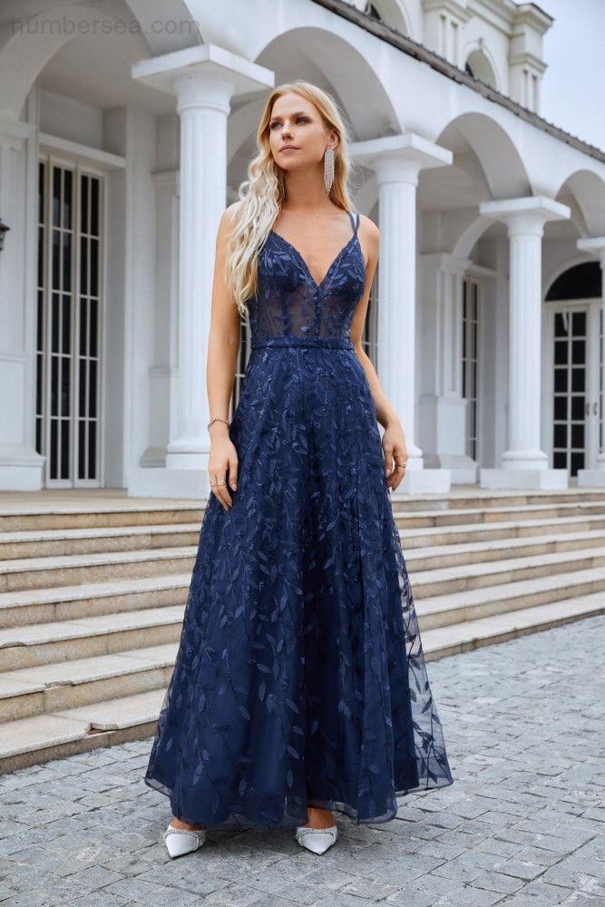 Ladies Spaghetti Strap Embroidery V Neck Front Slit Bridesmaid Dress Party Wedding Evening Dress SEA28089 - numbersea