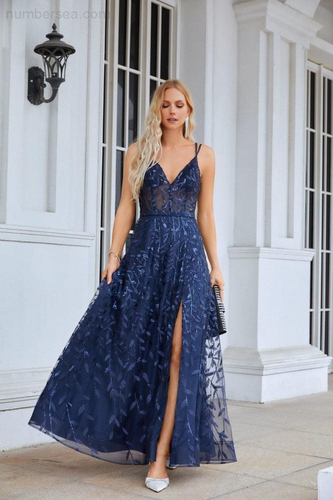 Ladies Spaghetti Strap Embroidery V Neck Front Slit Bridesmaid Dress Party Wedding Evening Dress SEA28089 - numbersea