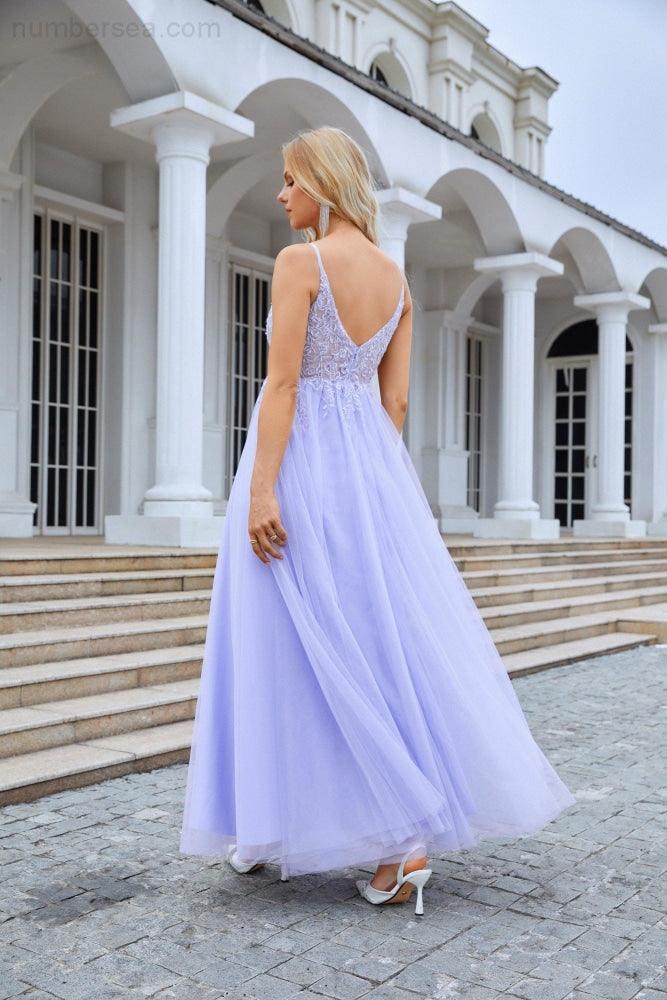 Ladies V Neck Chiffon Lace Spaghetti Strap Bridesmaid Dress Wedding Party Beach Evening Dress 28090 - numbersea