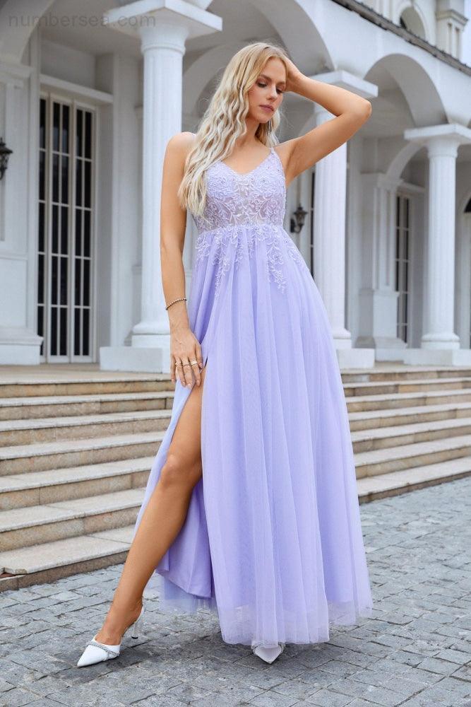 Ladies V Neck Chiffon Lace Spaghetti Strap Bridesmaid Dress Wedding Party Beach Evening Dress 28090 - numbersea