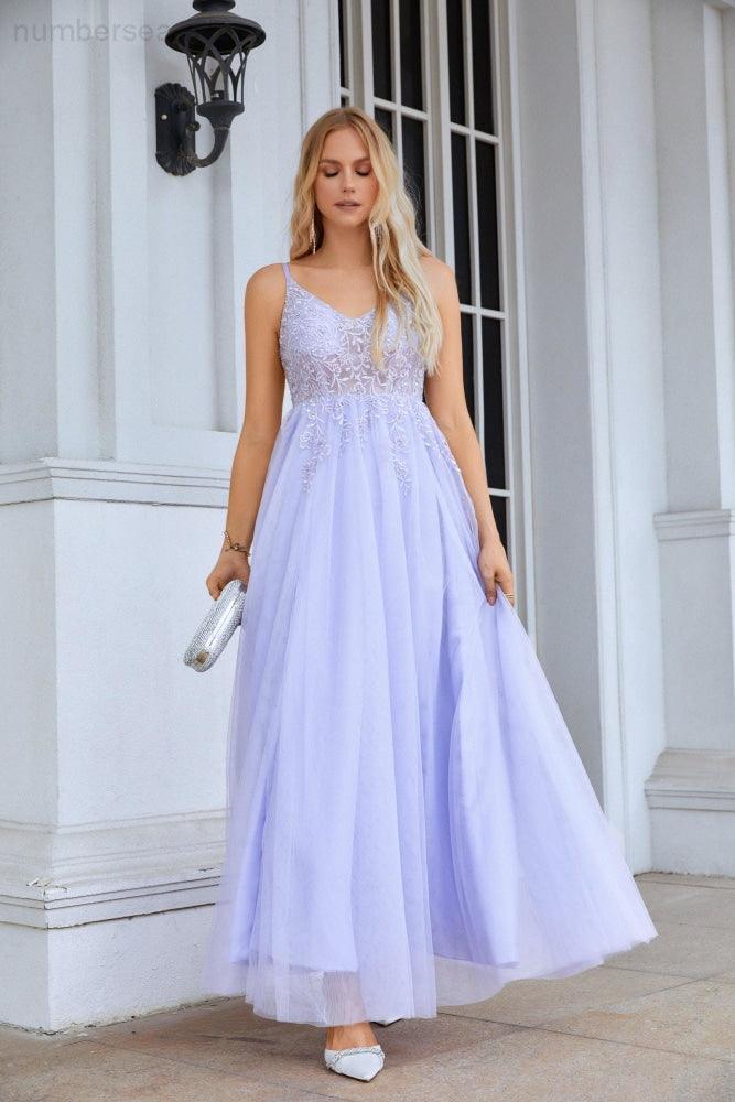 Ladies V Neck Chiffon Lace Spaghetti Strap Bridesmaid Dress Wedding Party Beach Evening Dress 28090 - numbersea