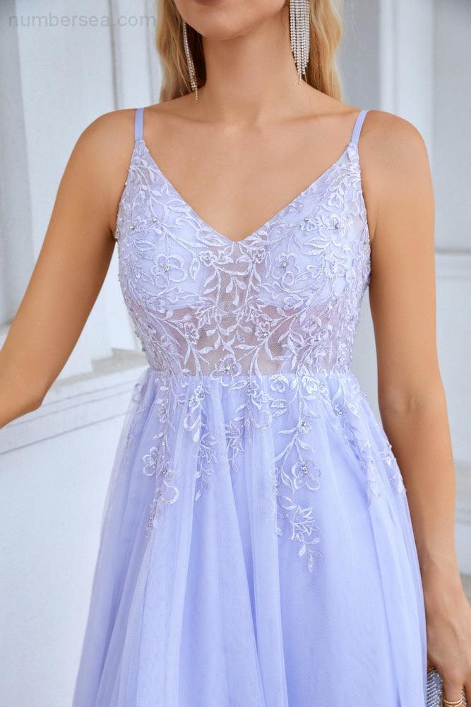 Ladies V Neck Chiffon Lace Spaghetti Strap Bridesmaid Dress Wedding Party Beach Evening Dress 28090 - numbersea