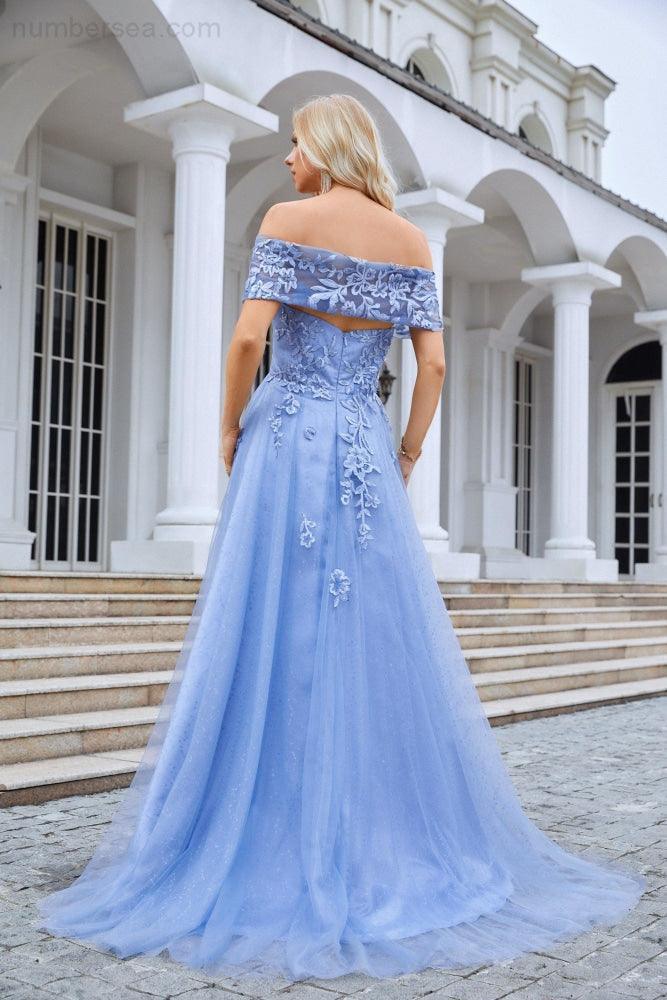 Ladies Tulle Off Shoulder Embroidery Floor Length Bridesmaid Dress Party Wedding Evening Dress 28091 - numbersea