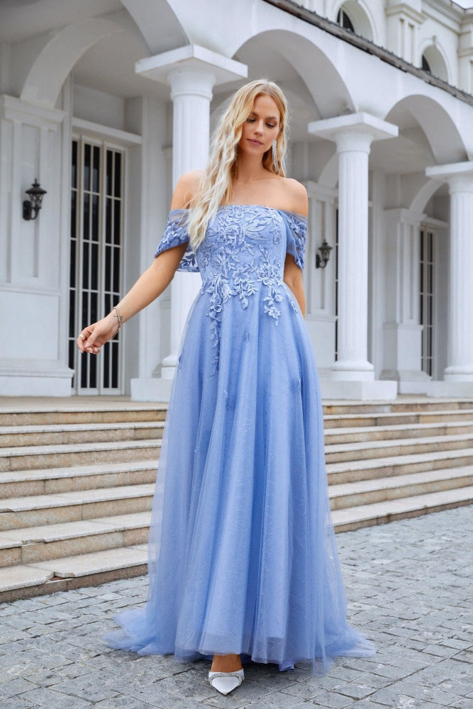 Ladies Tulle Off Shoulder Embroidery Floor Length Bridesmaid Dress Party Wedding Evening Dress 28091 - numbersea