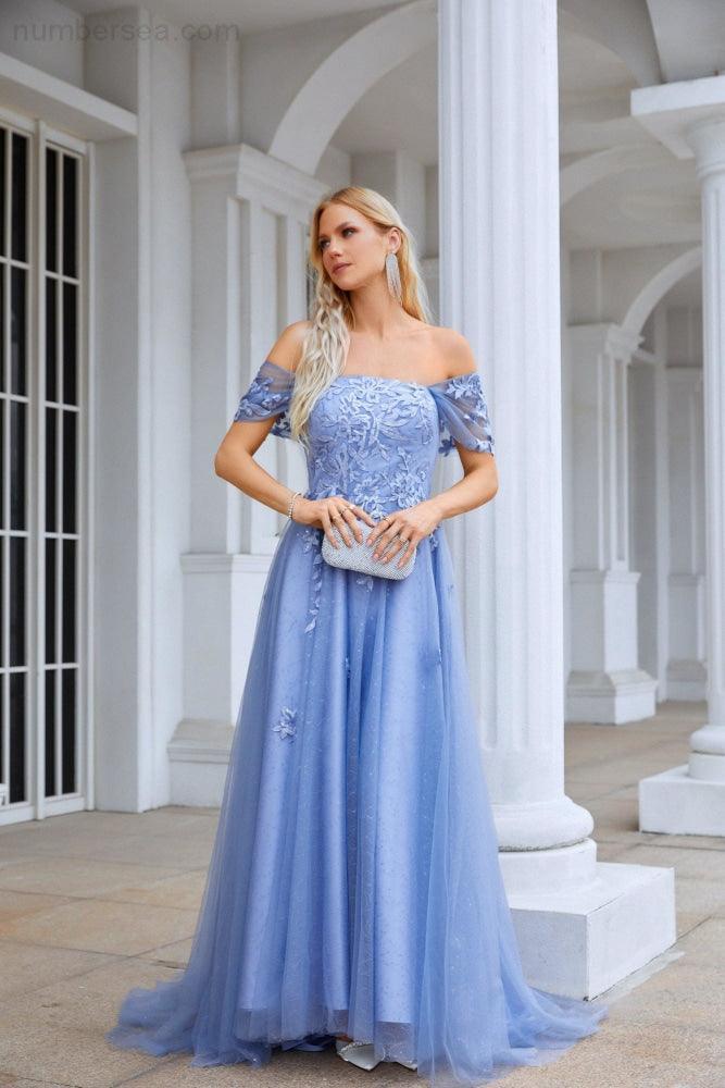 Ladies Tulle Off Shoulder Embroidery Floor Length Bridesmaid Dress Party Wedding Evening Dress 28091 - numbersea