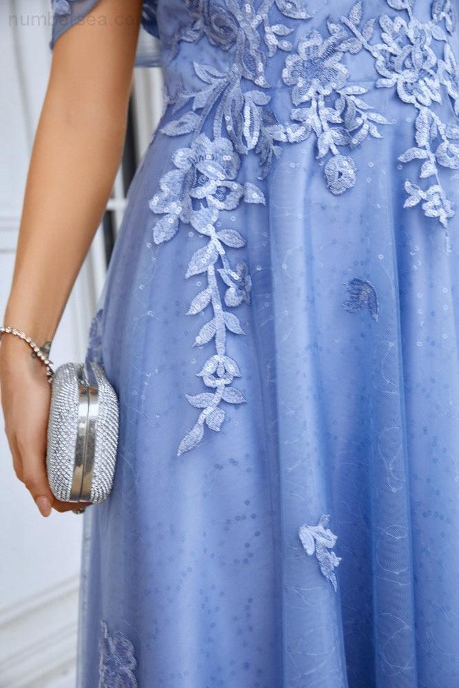 Ladies Tulle Off Shoulder Embroidery Floor Length Bridesmaid Dress Party Wedding Evening Dress 28091 - numbersea