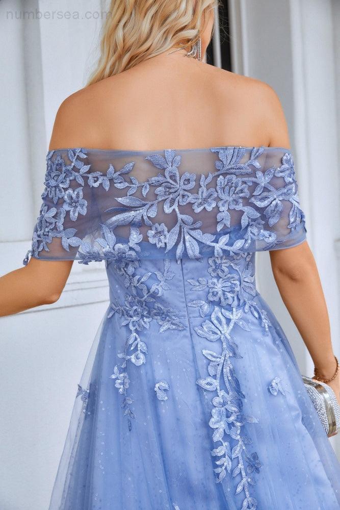 Ladies Tulle Off Shoulder Embroidery Floor Length Bridesmaid Dress Party Wedding Evening Dress 28091 - numbersea