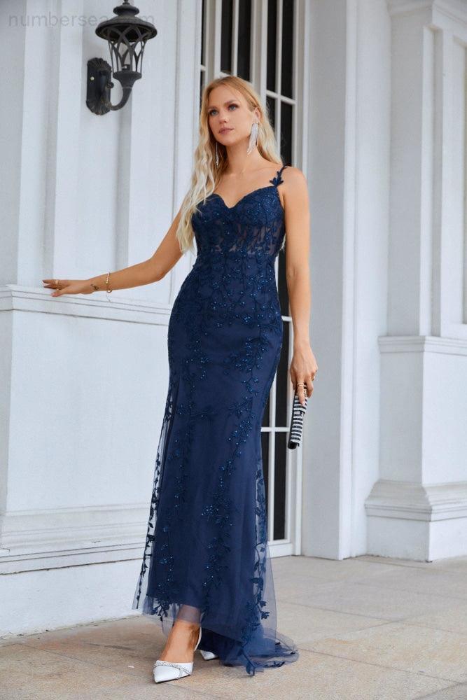 Ladies Spaghetti Strap Embroidery Front Slit Length Bridesmaid Evening Dress Party Wedding Beach Dress 28092 - numbersea