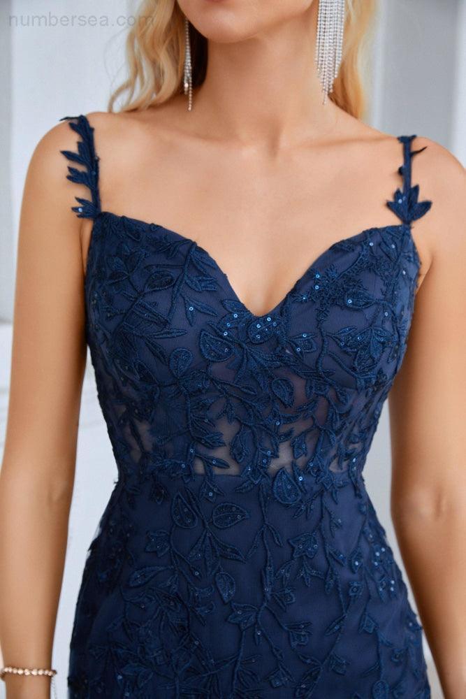 Ladies Spaghetti Strap Embroidery Front Slit Length Bridesmaid Evening Dress Party Wedding Beach Dress 28092 - numbersea