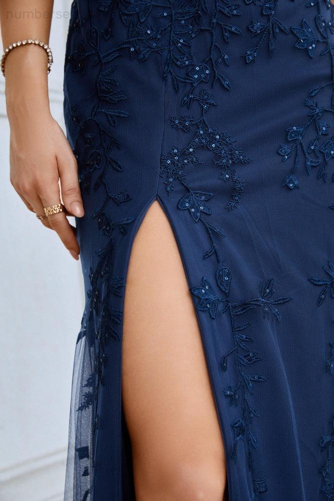 Ladies Spaghetti Strap Embroidery Front Slit Length Bridesmaid Evening Dress Party Wedding Beach Dress 28092 - numbersea