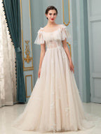 Vestidos de novia con apliques de encaje y tul en forma de A, hasta el suelo, manga corta