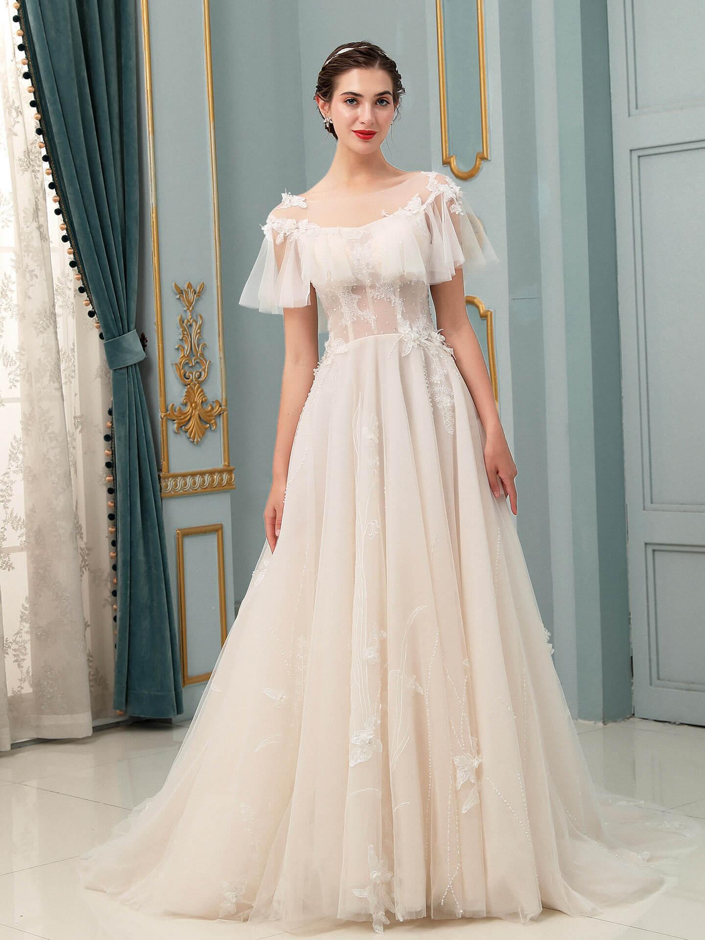 Vestidos de novia con apliques de encaje y tul en forma de A, hasta el suelo, manga corta