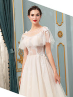 Vestidos de novia con apliques de encaje y tul en forma de A, hasta el suelo, manga corta