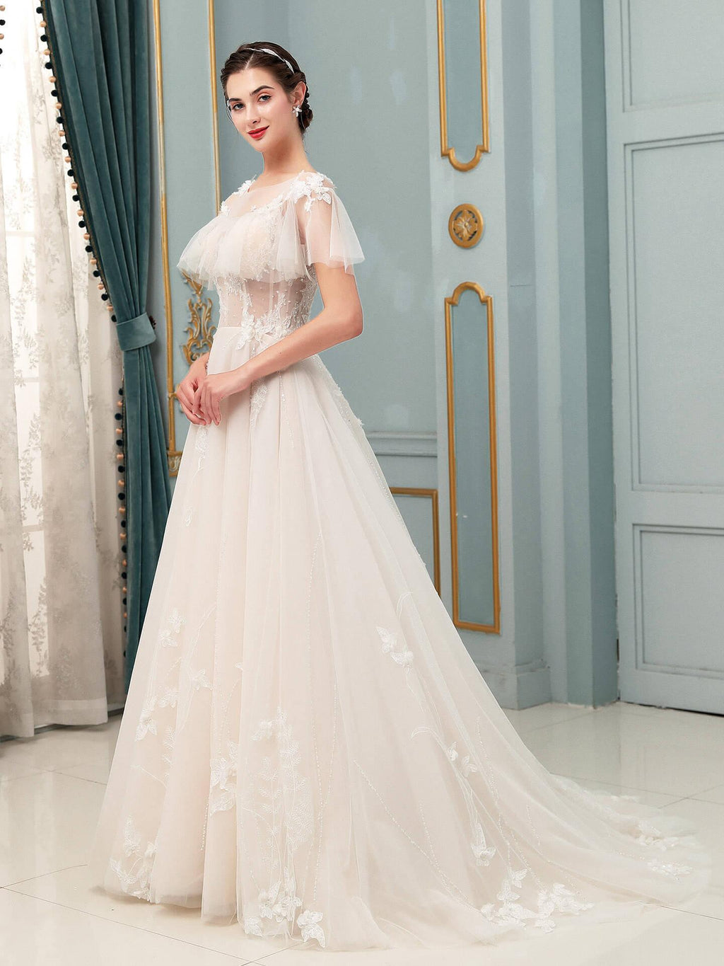 Vestidos de novia con apliques de encaje y tul en forma de A, hasta el suelo, manga corta