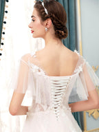 Vestidos de novia con apliques de encaje y tul en forma de A, hasta el suelo, manga corta
