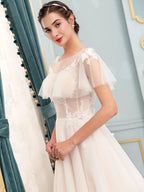 Vestidos de novia con apliques de encaje y tul en forma de A, hasta el suelo, manga corta