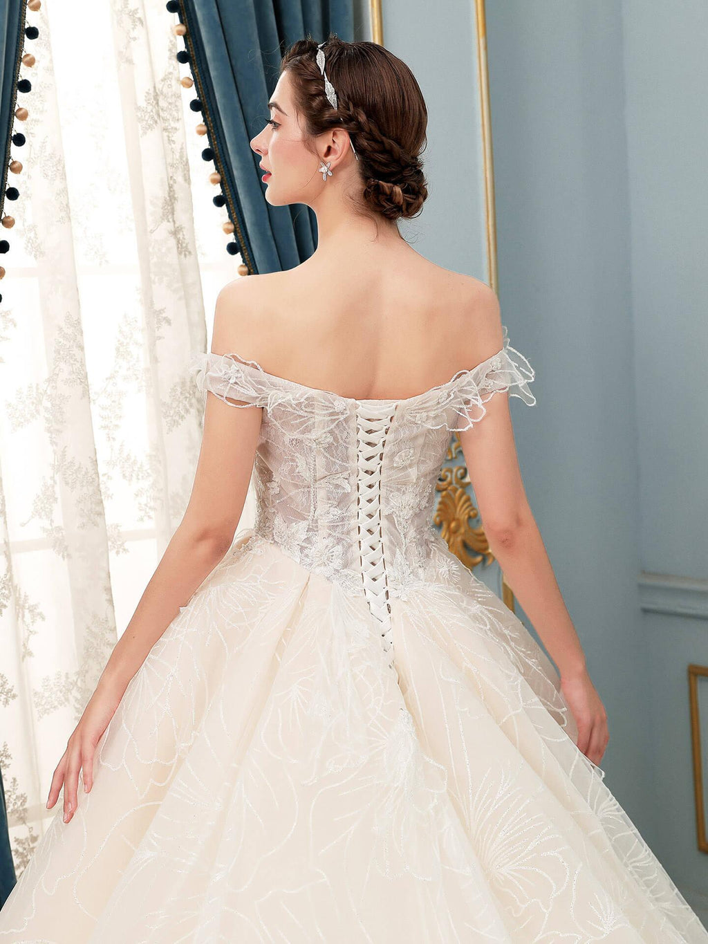 NumberSea - Ball Gown Wedding Dresses Beaded Luxurious Off Shoulder Floor Length Short Sleeve