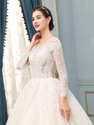 Ball Gown Tulle Lace Applique Wedding Dresses Long Sleeveless Floor Length