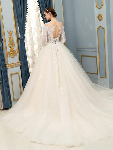 Ball Gown Tulle Lace Applique Wedding Dresses Long Sleeveless Floor Length