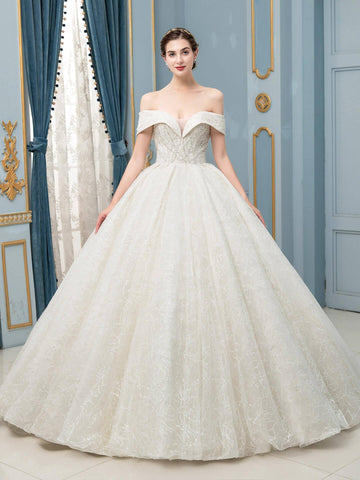 Ballkleid Tüll Spitze Perlen Brautkleider Lang Ärmellos Bodenlang 