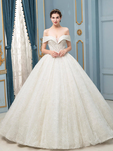 Ballkleid Tüll Spitze Perlen Brautkleider Lang Ärmellos Bodenlang 
