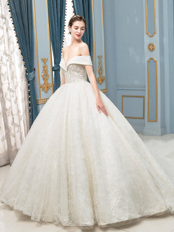Ballkleid Tüll Spitze Perlen Brautkleider Lang Ärmellos Bodenlang 