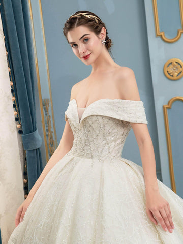 Ballkleid Tüll Spitze Perlen Brautkleider Lang Ärmellos Bodenlang 