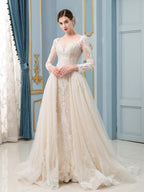 NumberSea - A - line / Mermaid Lace Beaded V - neck Wedding Dresses Long Sleeve Floor Length