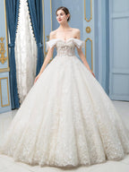 Vestidos de novia de estilo gala con cuentas, lujosos, largos hasta el suelo, hombros descubiertos, manga corta