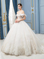 Vestidos de novia de estilo gala con cuentas, lujosos, largos hasta el suelo, hombros descubiertos, manga corta