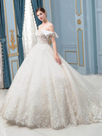 Vestidos de novia de estilo gala con cuentas, lujosos, largos hasta el suelo, hombros descubiertos, manga corta