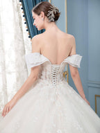 Vestidos de novia de estilo gala con cuentas, lujosos, largos hasta el suelo, hombros descubiertos, manga corta